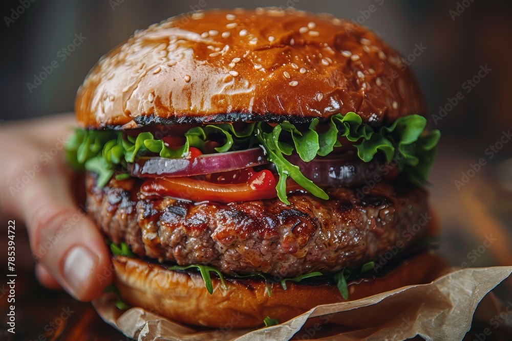 Close-Up of Hand Holding a Rustic Homemade Burger, Textures Highlighted under Dramatic Studio Lighting, Symbolizing Indulgence and Savory Pleasures. Close-Up of Hand Holding a Rustic Homemade Burger, Textures Highlighted under Dramatic Studio Lighting, Symbolizing Indulgence and Savory Pleasures.