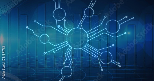 Image of network of connections with icons over architectural model photo