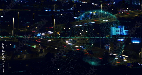 Image of data processing and globe over city at night
