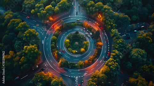 Aerial view of road roundabout intersection with moving heavy traffic. Urban circular transportation crossroads photo