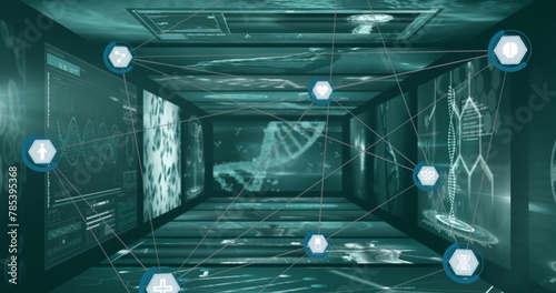 Image of icons in hexagons connected by lines over infographic interface tunnel