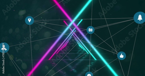 Image of icons in circles connected with lines over illuminated looping triangular tunnel