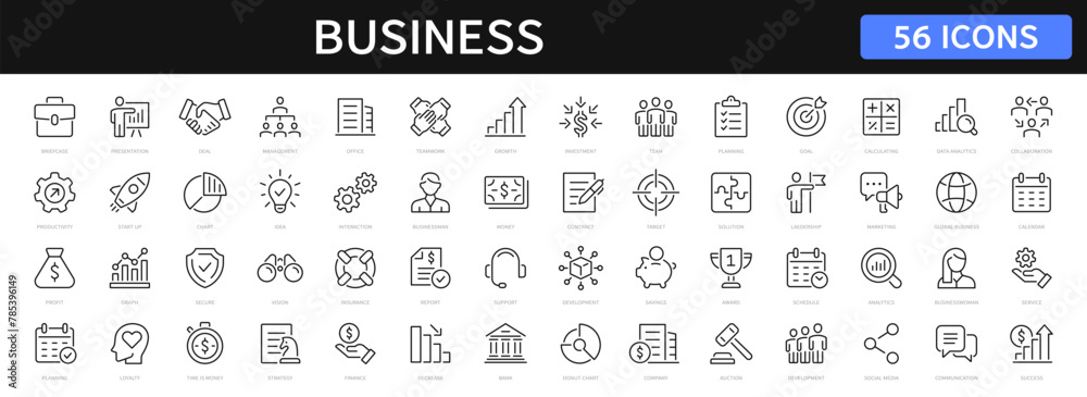 Obraz premium Business thin line icons set. Business and finance editable stroke icon collection. Profit, management, businessman, startup, money, company symbol. Vector
