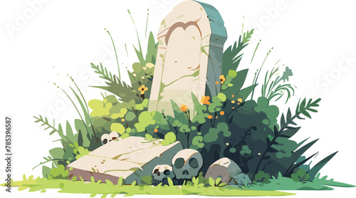 Tombstone with plants and bushes and old skulls. Vector illustration.