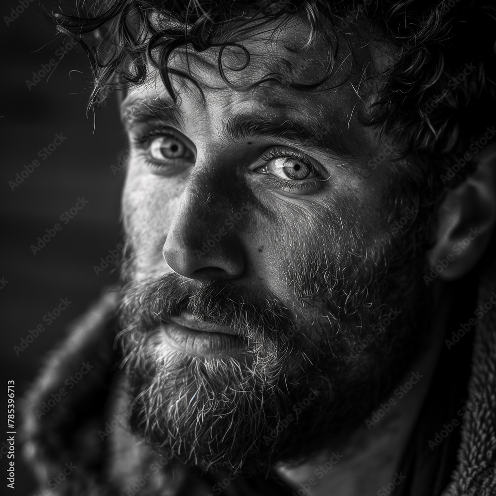Obraz premium Man, 40 years old, looking into the distance, black and white photo