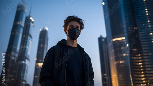 Young man walking city streets, wearing protective face mask
