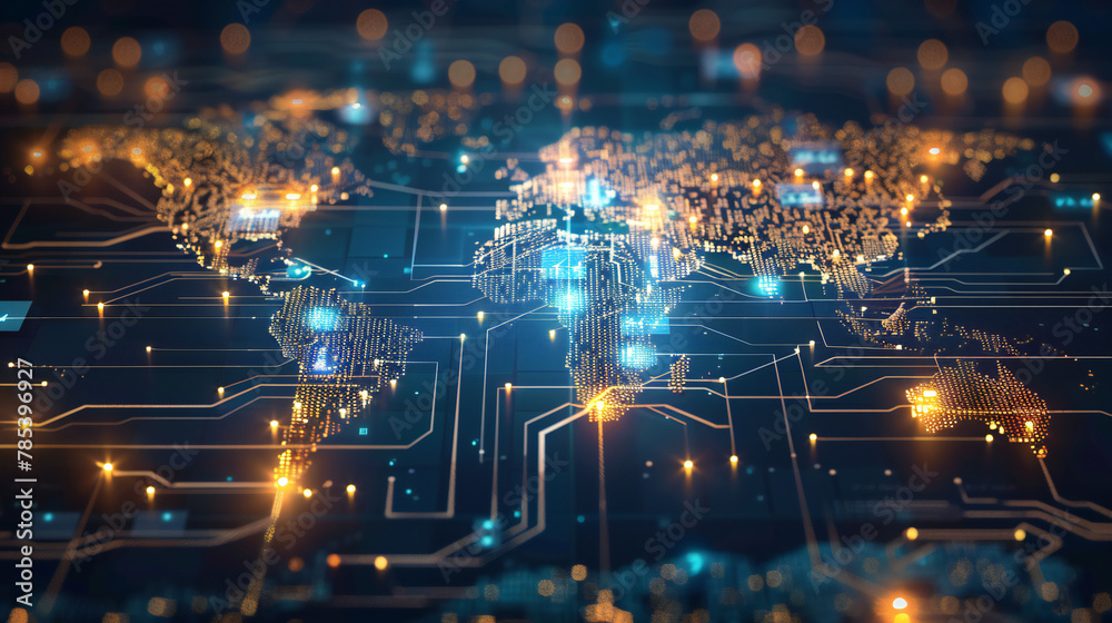 World map made of glowing printed circuits, global network and connectivity, data transfer and technology, artificial intelligence, information exchange, international telecommunications and business