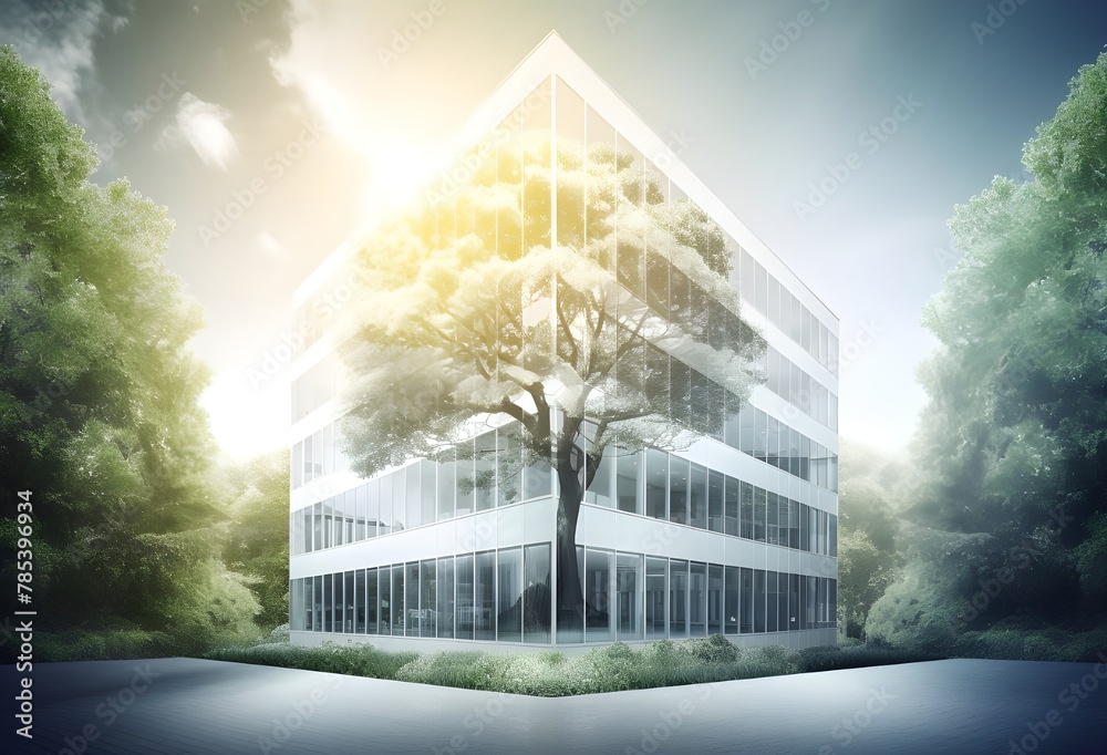 office building with tree for reducing  carbon dioxide - obrazy, fototapety, plakaty 