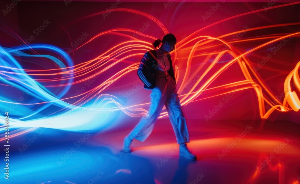 Person standing in colorful light waves emitting from walls in front of room
