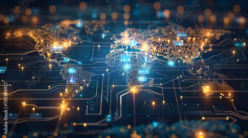 World map made of glowing printed circuits, global network and connectivity, data transfer and technology, artificial intelligence, information exchange, international telecommunications and business