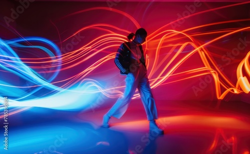 Person standing in colorful light waves emitting from walls in front of room © VICHIZH