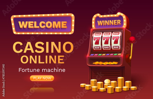 Casino free spins banner slots machine winner, jackpot fortune of luck. Vector illustration