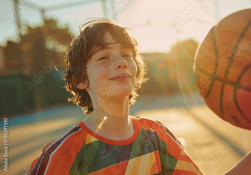 a happy young boy playing basketball, wearing a colorful t-shirt on the court with the sun shining down