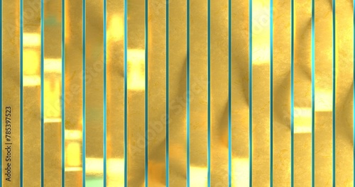 Long yellow gold shiny ribbon lines wriggle like waves on a light background, abstract colored background with stripes, 3d rendering