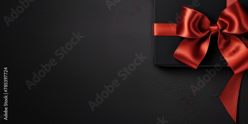 Red ribbon with bow on black background, Christmas card concept. Space for text. Red and Black Background
