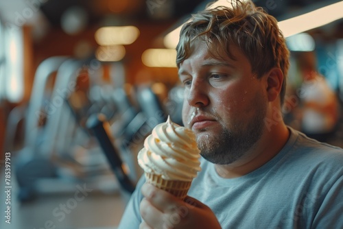 Overweight Person Eating Ice Cream Surrounded by Exercising Individuals, Capturing Longing and Conflict in Gym Setting Concept.