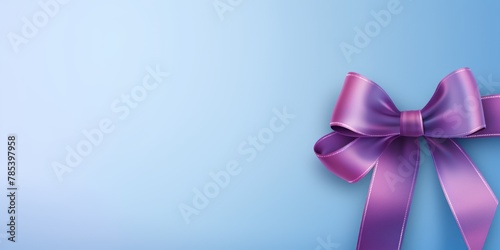 Red ribbon with bow on blue background  Christmas card concept. Space for text. Red and Blue Background