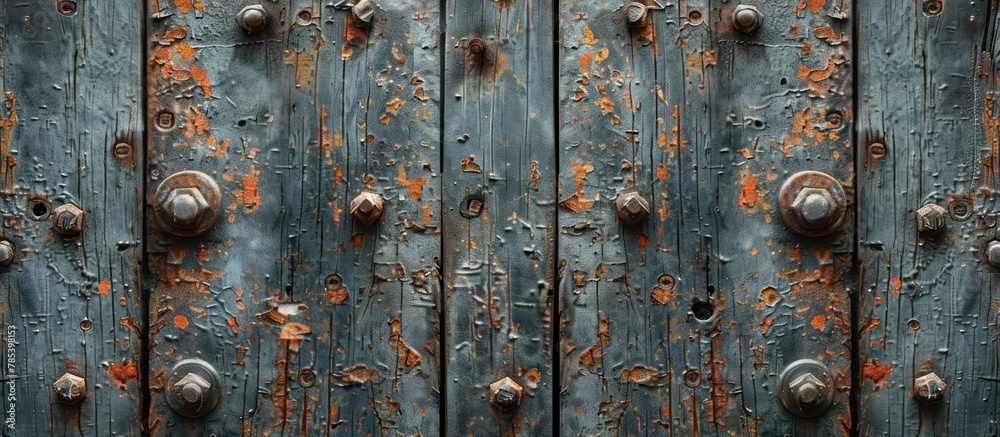 Detailed view of a weathered wooden door featuring metal knobs in close-up.