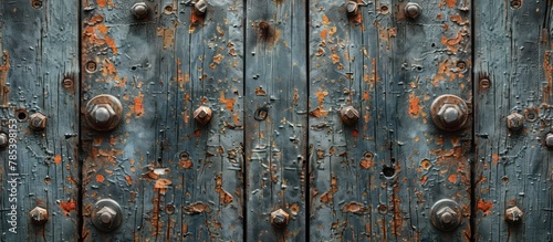 Detailed view of a weathered wooden door featuring metal knobs in close-up.