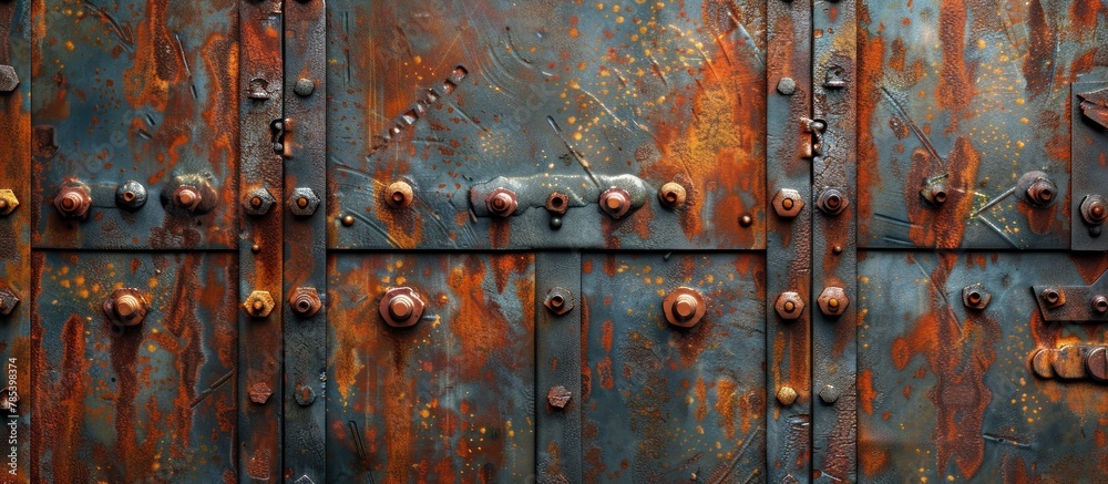 A close-up view of a weathered metal door covered with rust and featuring numerous rivets.