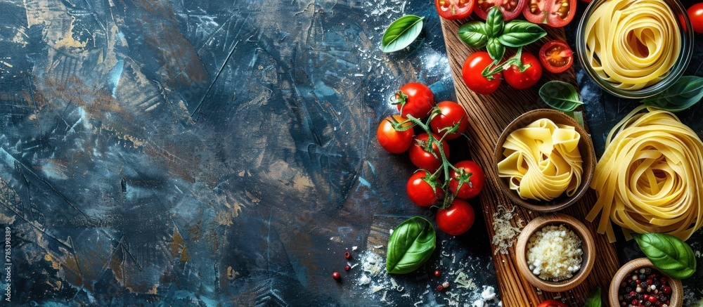 A rustic wooden table is covered with a diverse assortment of different types of pasta, creating a colorful display. A rustic wooden table is covered with a diverse assortment of different types of pasta, creating a colorful display.
