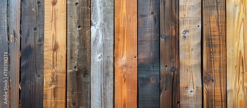 A close up view of a wooden fence with various colors and textures, showcasing the intricate details of each individual panel.