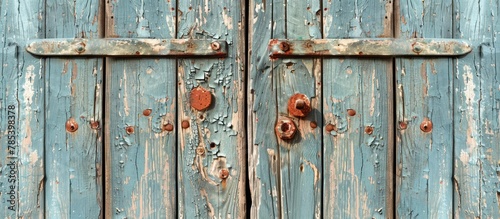 Detailed close-up of a wooden door showing signs of rust and peeling paint. The texture is worn and aged, adding character to the weathered door.