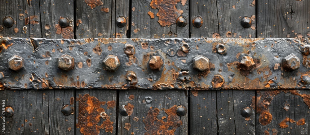 Detailed view of a weathered wooden door adorned with industrial rivets.