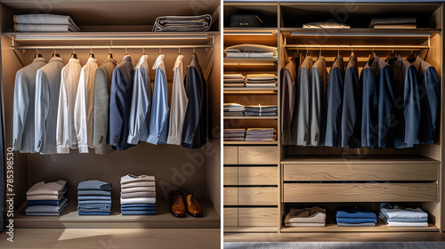 A neatly organized wooden wardrobe with sections for hanging clothes and folded items, showcasing a variety of shirts, jackets, and footwear. photo