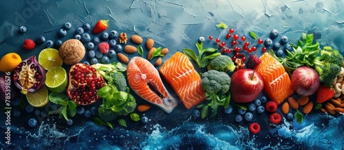 A colorful painting featuring a variety of fresh fruits and vegetables arranged in a vibrant display.