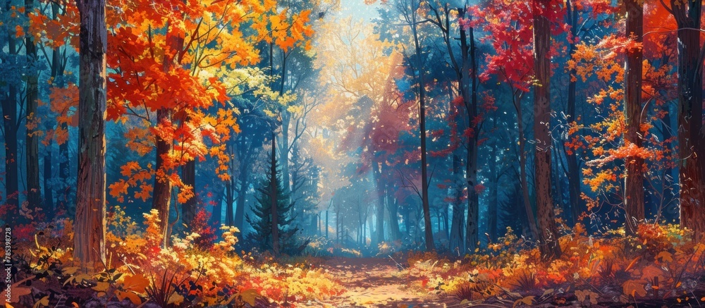 A vibrant painting depicting a path winding through a dense forest, surrounded by tall trees and lush greenery.