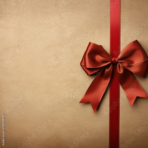 Red ribbon with bow on brown background, Christmas card concept. Space for text. Red and Brown Background