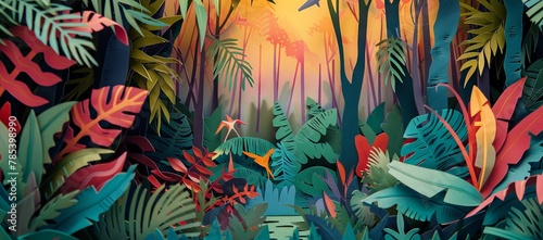 A vibrant paper cut masterpiece, Amazon Rainforest highlighting the biodiversity of Brazil