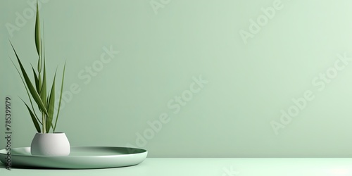 Photo of a modern minimal abstract background, an empty table top in a light white color with a soft shadow and copy space for product display