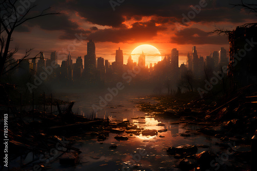 Dramatic sunset over the city. 3d render illustration.