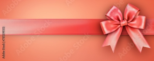 Red ribbon with bow on coral background, Christmas card concept. Space for text. Red and Coral Background