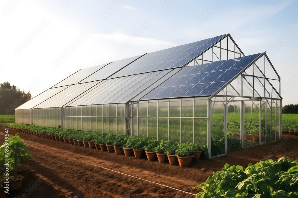 Greenhouse for growing vegetables with mounted photovoltaic panels