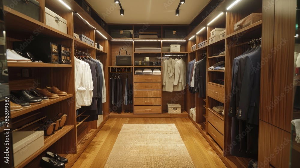 Large elegant dressing room full of luxurious mens clothes and accessories on wooden shelves and hangers Large elegant dressing room full of luxurious mens clothes and accessories on wooden shelves and hangers