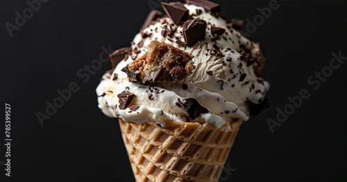 Gourmet Chocolate Chip Ice Cream Cone on Black Background