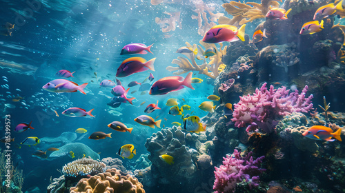Fish school seen underwater near coral reef. © Anas
