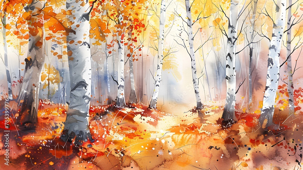 Watercolor painting autumn leaves in water