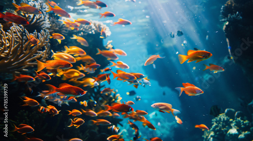 Fish school seen underwater near coral reef. © Anas