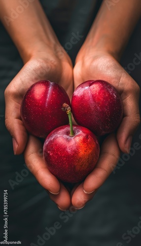 Hand holding ripe plum on blurred background with plums selection and copy space