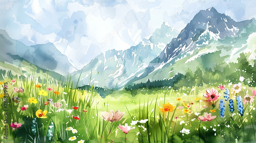 Fototapeta premium Watercolor painting alpine meadow in the mountains