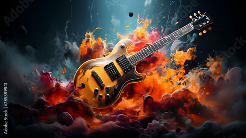 Electric guitar in fire flames on black background. 3d illustration.