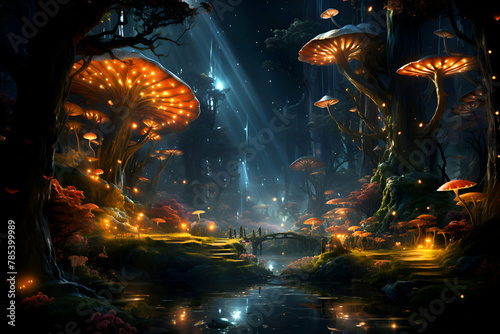 Fantasy landscape with mushrooms in a dark forest. 3D rendering © Wazir Design