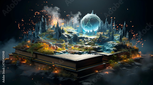 Fantasy landscape with fantasy planet and fire. 3d illustration.