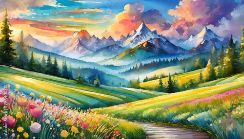 Watercolor illustration of beautiful natural landscape. Summer scenery with mountains and forest. © hardvicore
