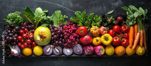 A diverse selection of colorful fruits and vegetables displayed on a table.