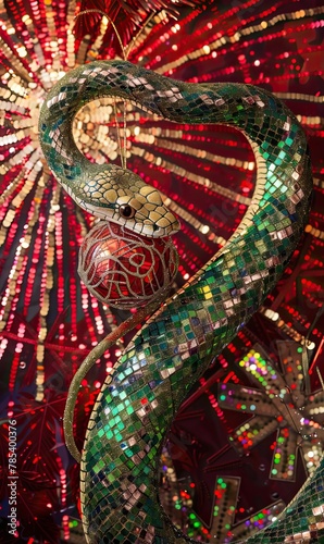 A glittering  mosaic snake sculpture against a vibrant  illuminated backdrop
